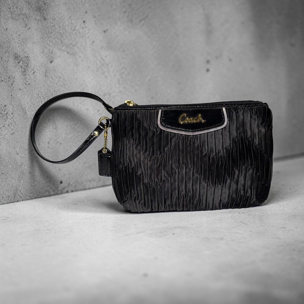 Coach Ashley Gathered Satin Wristlet Black Patent Leather Trim Gold Hardware